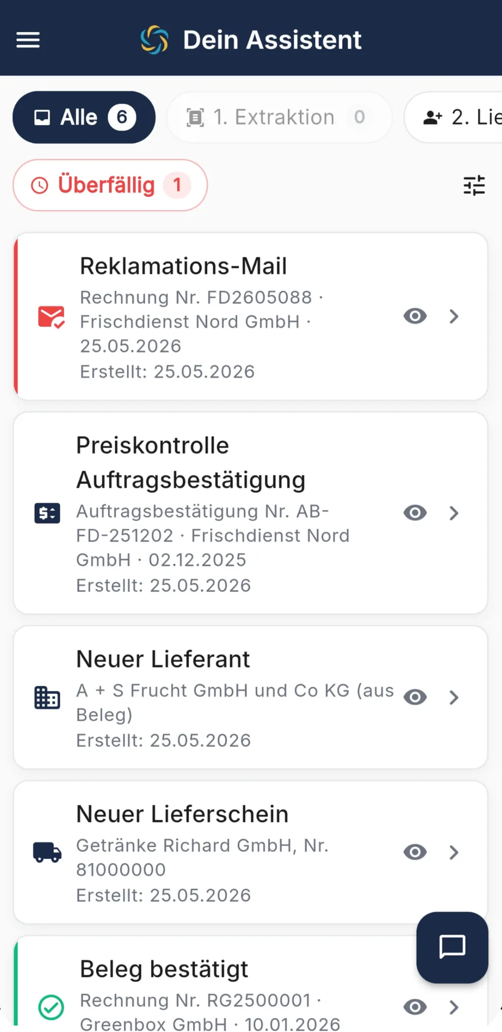 Assistent in RechnungsWächter mit offenen Fällen, bevor Belege übergeben werden