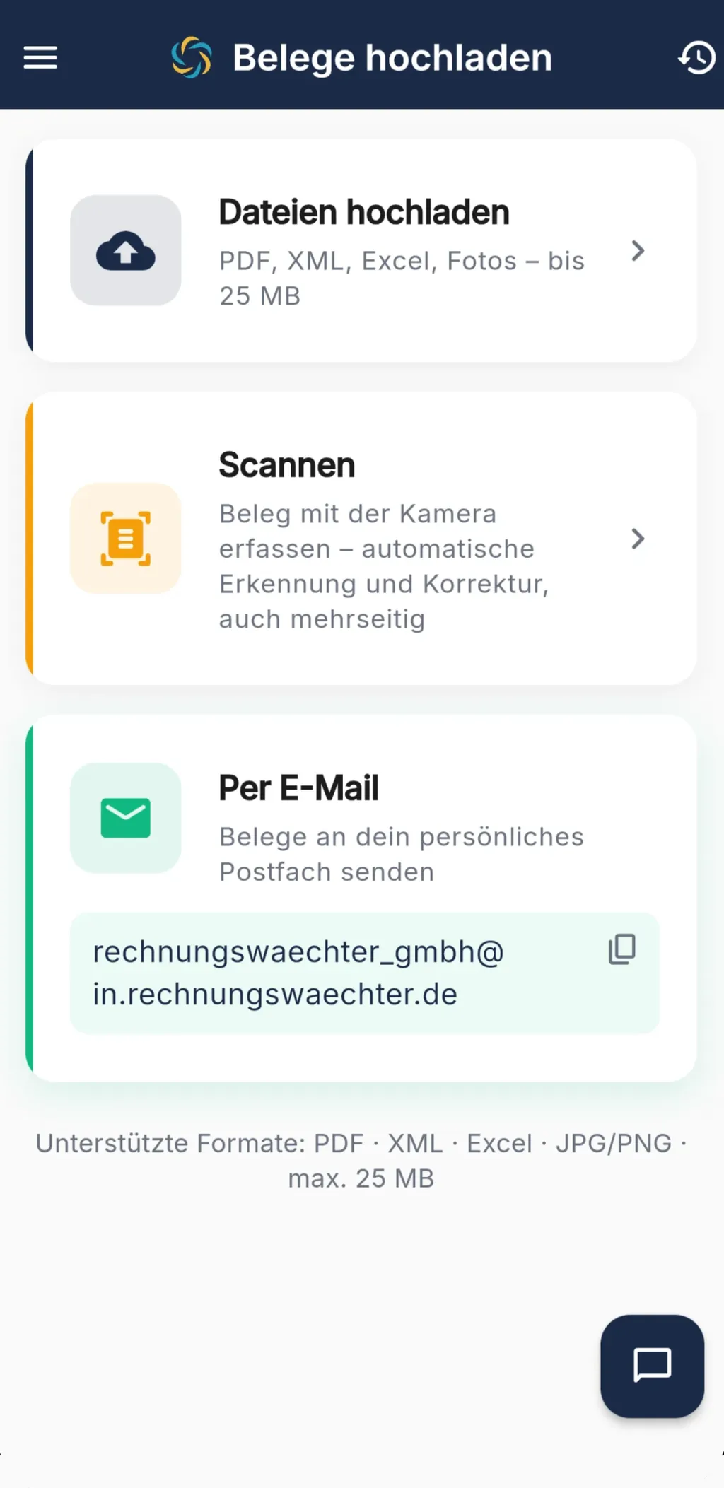 Belege hochladen in RechnungsWächter per Upload, Scan oder E-Mail