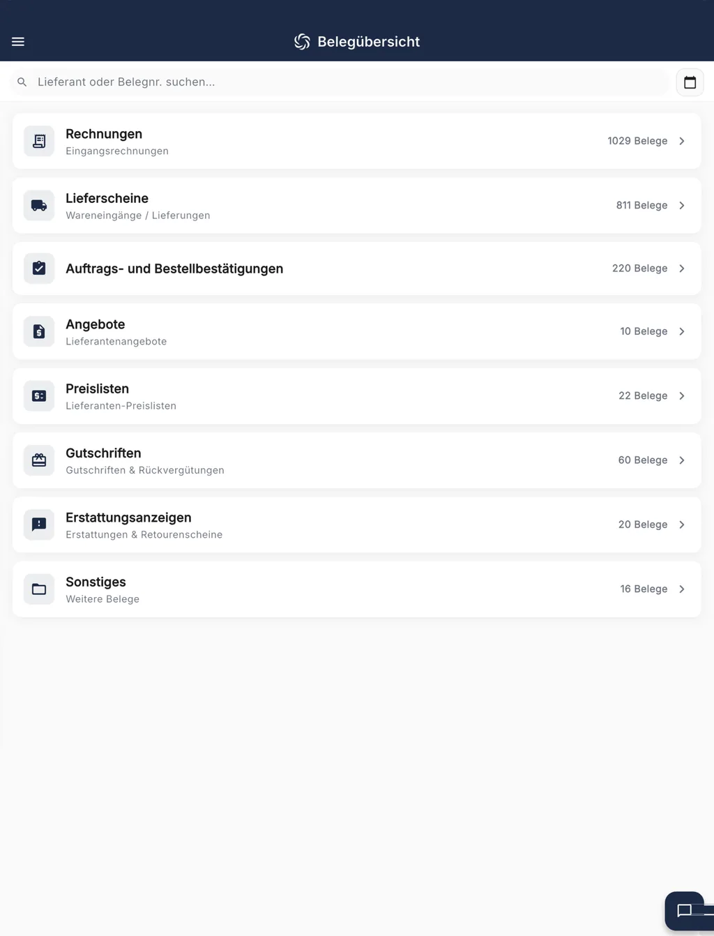 RechnungsWächter Belegübersicht mit Rechnungen, Lieferscheinen und Gutschriften