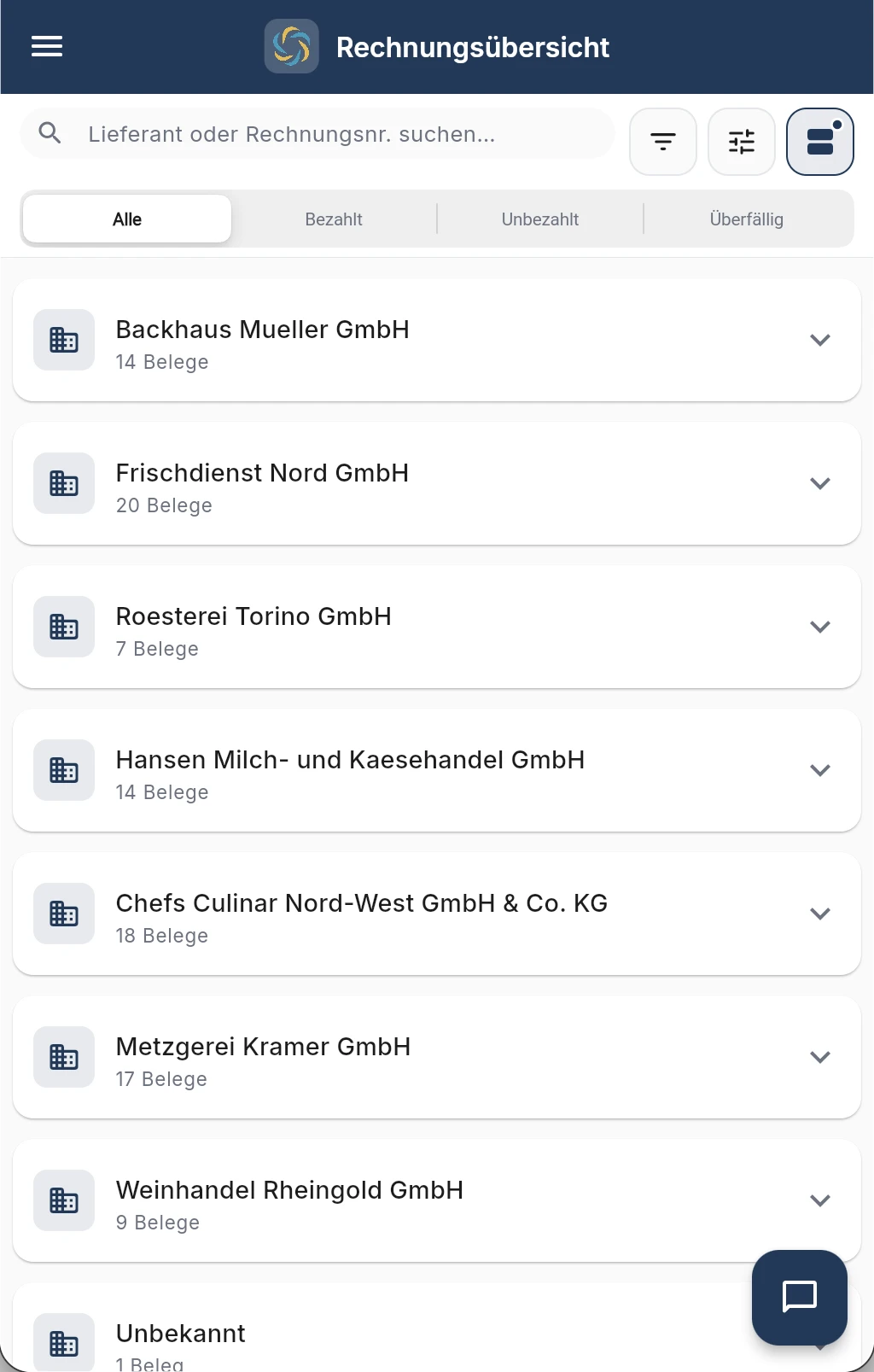 Rechnungsübersicht in RechnungsWächter, je Lieferant sortiert, mit Filter nach bezahlt, unbezahlt und überfällig