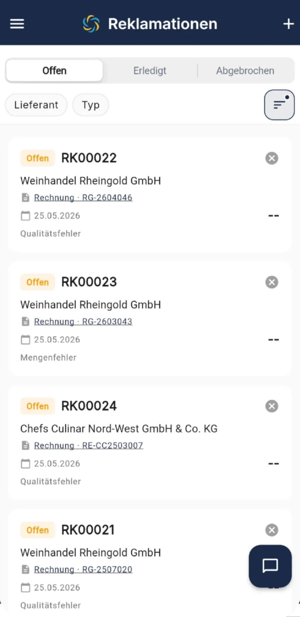 Reklamationen in RechnungsWächter: Liste mit Status, Lieferant, Rechnungsnummer, Datum und Grund
