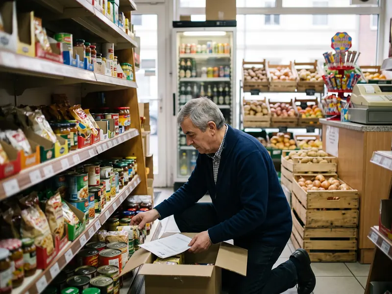 Inhaber eines kleinen Supermarkts räumt vor der Öffnung eine Lieferung ins Regal, die Rechnung liegt auf dem Karton