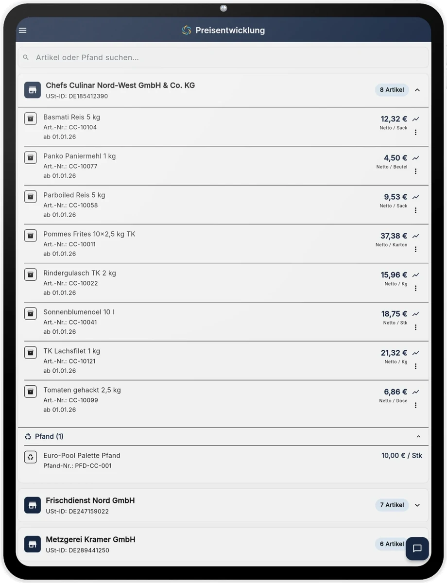Price list of one supplier in RechnungsWächter on an iPad with current price, item number and deposit item