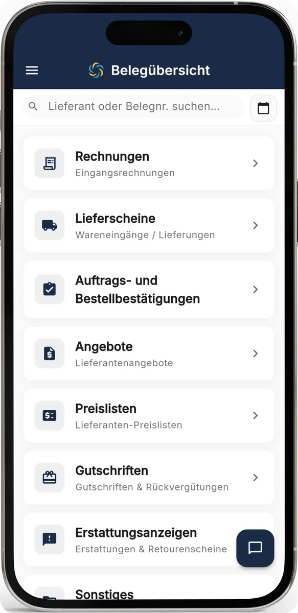 Document overview in the RechnungsWächter app on an iPhone with invoices, delivery notes, order confirmations, quotes, price lists and credit notes