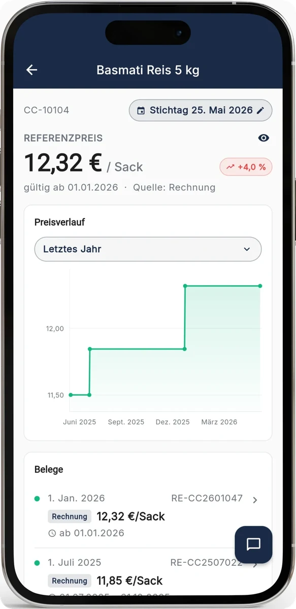 Price history of one item in RechnungsWächter on an iPhone with reference price, price increase and the invoices behind it