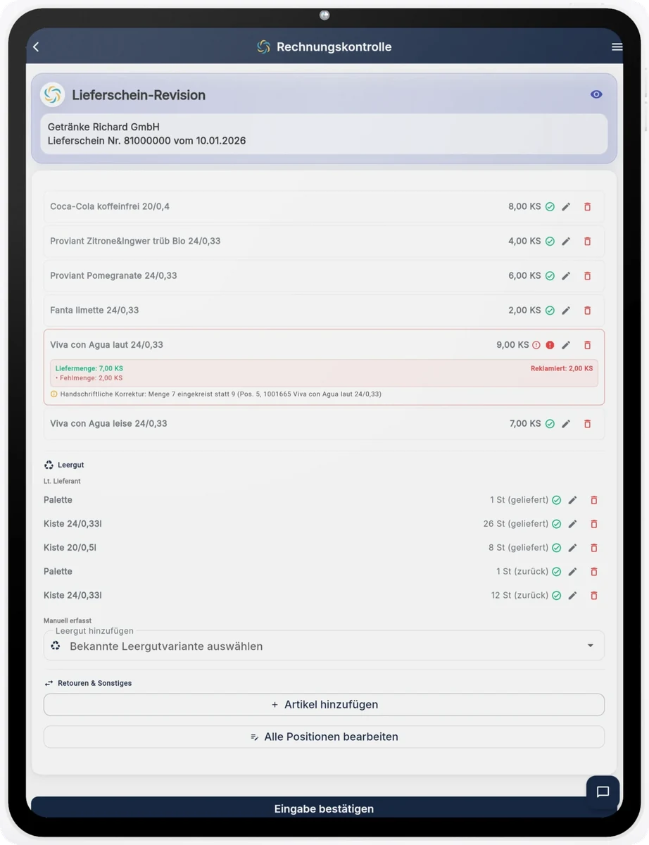 Delivery note review in RechnungsWächter on an iPad with a flagged quantity deviation and returnable containers from a beverage supplier