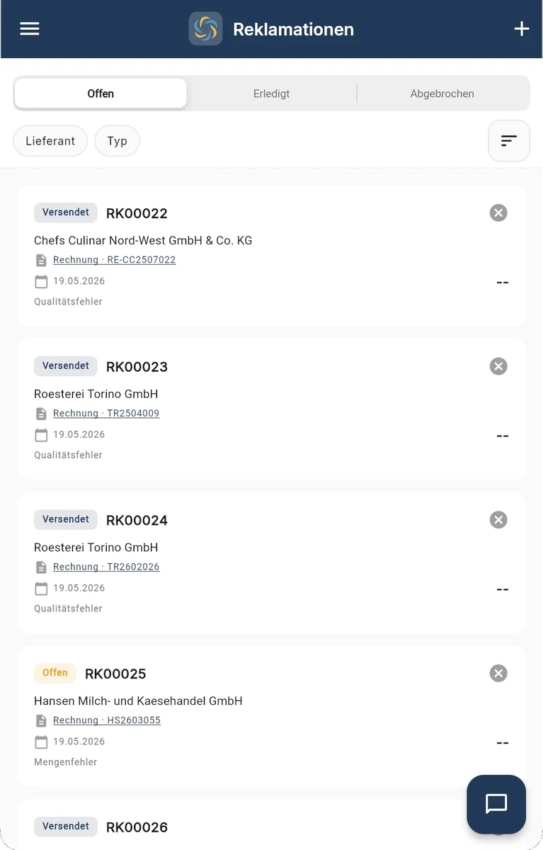 Complaints grouped by supplier in the RechnungsWächter app